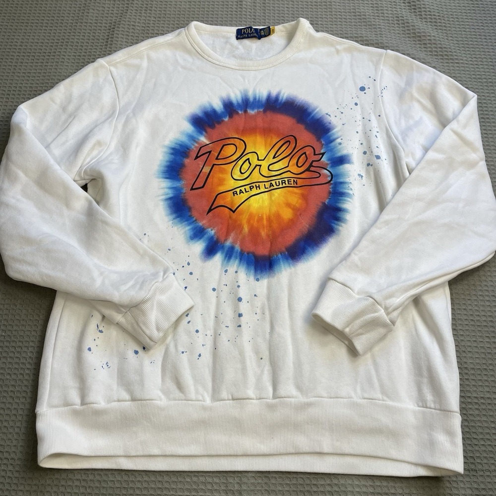 Polo Ralph Lauren Tie Dye Logo Splatter Sweatshirt XXL 2XL Mens White Fleece